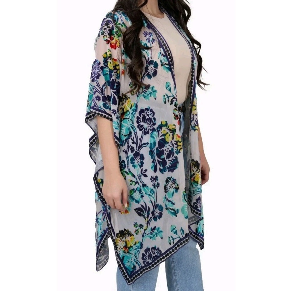 SAACHI Turquois Velvet Floral Ruana Flowy Kimono Cover Eccentric Artsy Sheer O/S